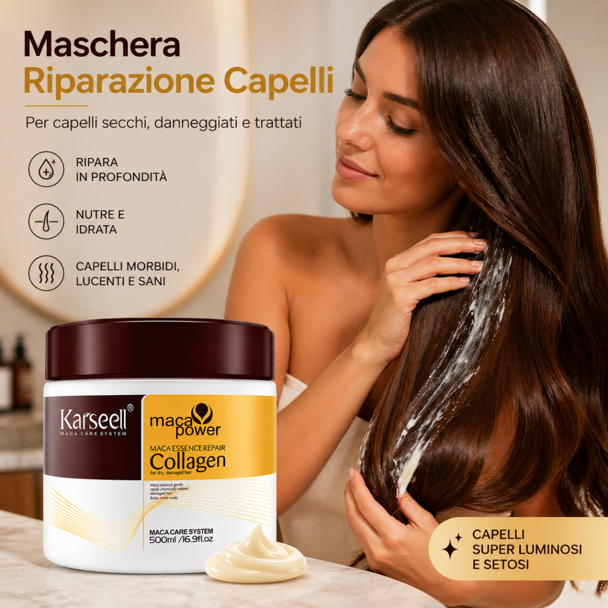 Karseell Maca Care System Maschera Capelli 500ml – Collagene, Olio di Argan, Cocco, Avocado e Cheratina – Trattamento Ristrutturante Idratante Anticrespo Professionale