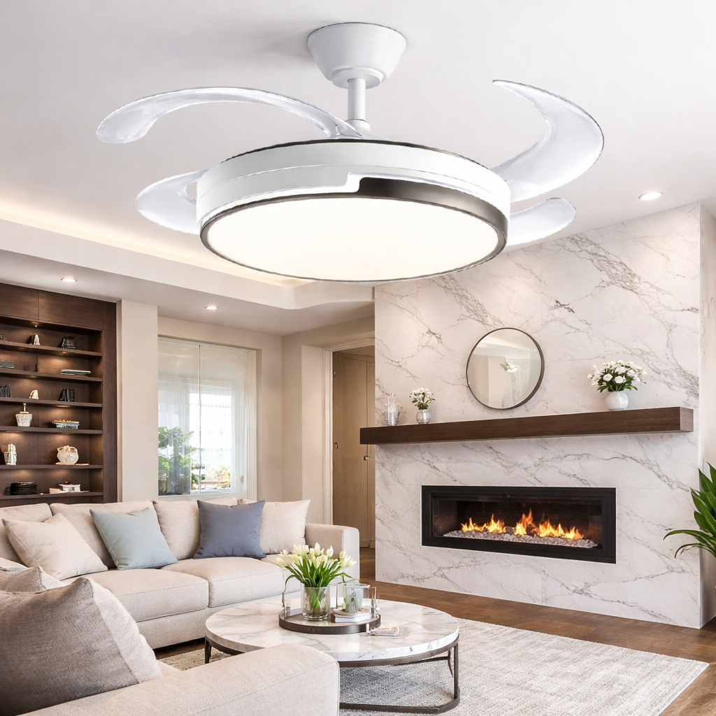Ventilatore da Soffitto LED 120 cm con Telecomando – 6 Velocità Motore DC 72W, Pale Retrattili, Funzione Estate/Inverno, Silenzioso