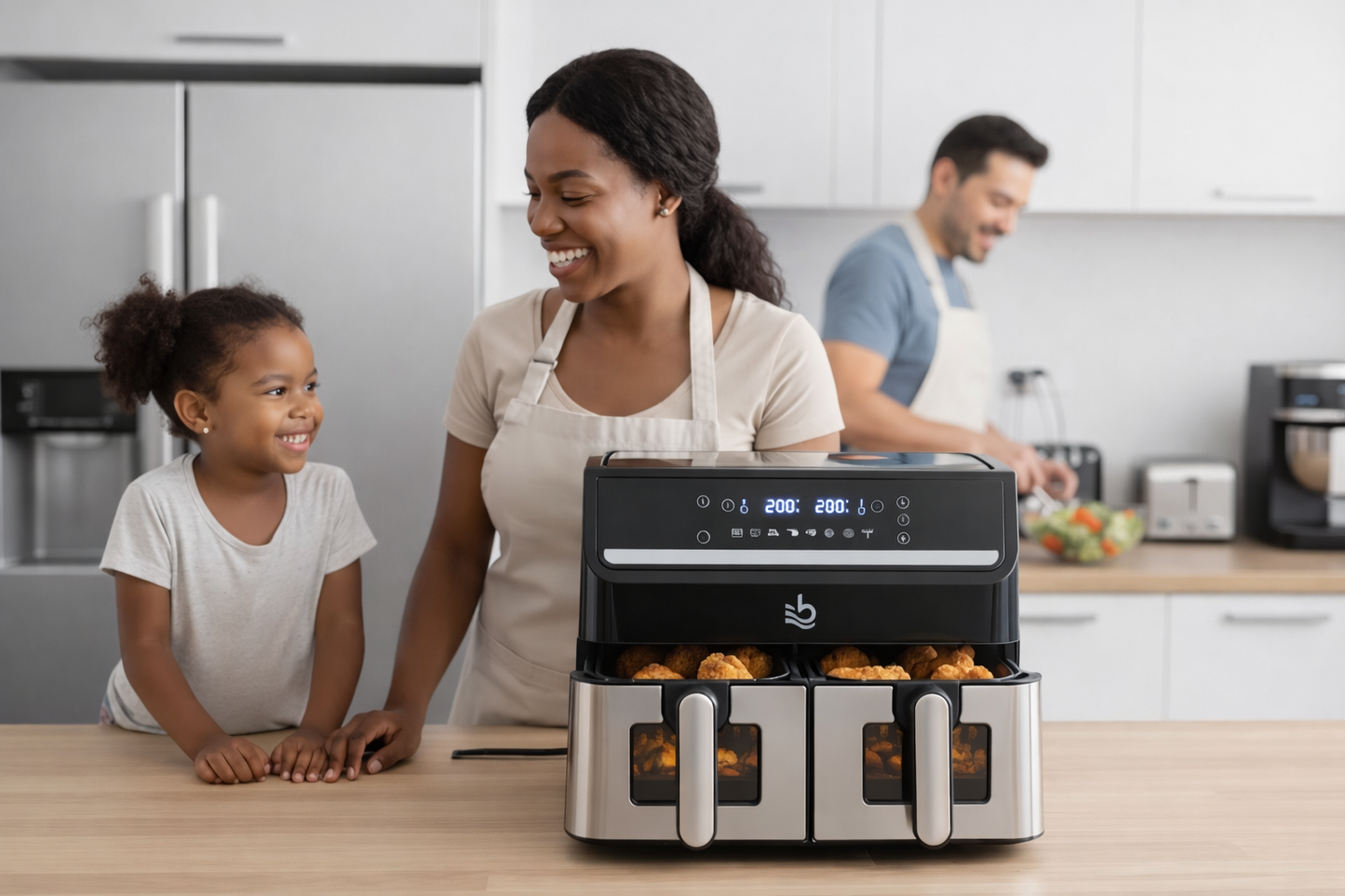 Friggitrice ad Aria 2000W Doppio Cestello 15L (7,5L + 7,5L) – Air Fryer XXXL a Doppia Zona con Controllo Indipendente