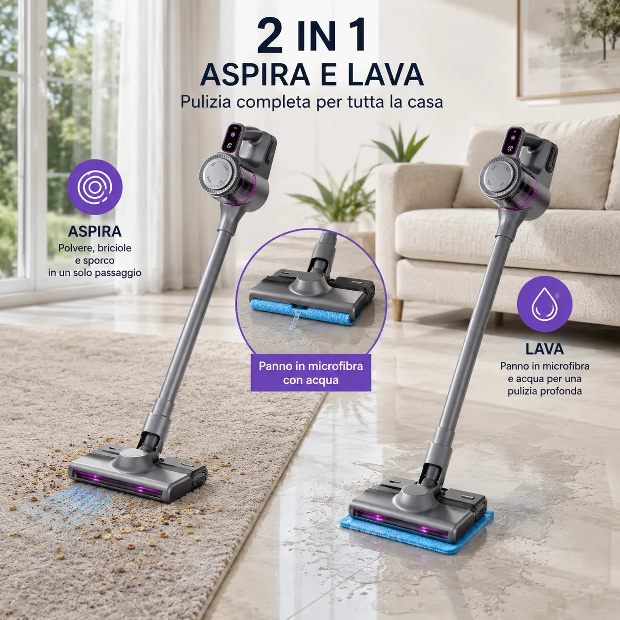 Aspirapolvere Senza Fili 2-in-1 con Funzione Lavaggio/Mop, Portatile e Verticale