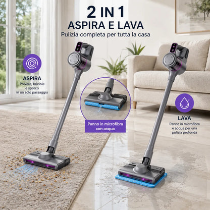 Aspirapolvere Senza Fili 2-in-1 con Funzione Lavaggio/Mop, Portatile e Verticale