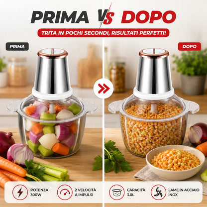 Tritatutto Elettrico Multifunzione 300W 3L in Acciaio Inox – 4 Lame – 2 Velocità – Mixer da Cucina per Carne, Verdure, Frutta Secca e Pesto