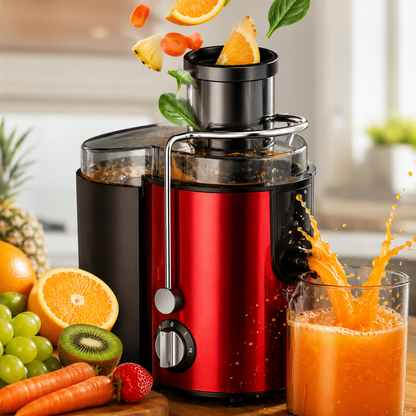 Estrattore di Succo Elettrico 1000W con 2 Velocità, Centrifuga Frutta e Verdura, Bocca Larga 65 mm, Caraffa 500 ml, Acciaio Inox, Rosso/Grigio