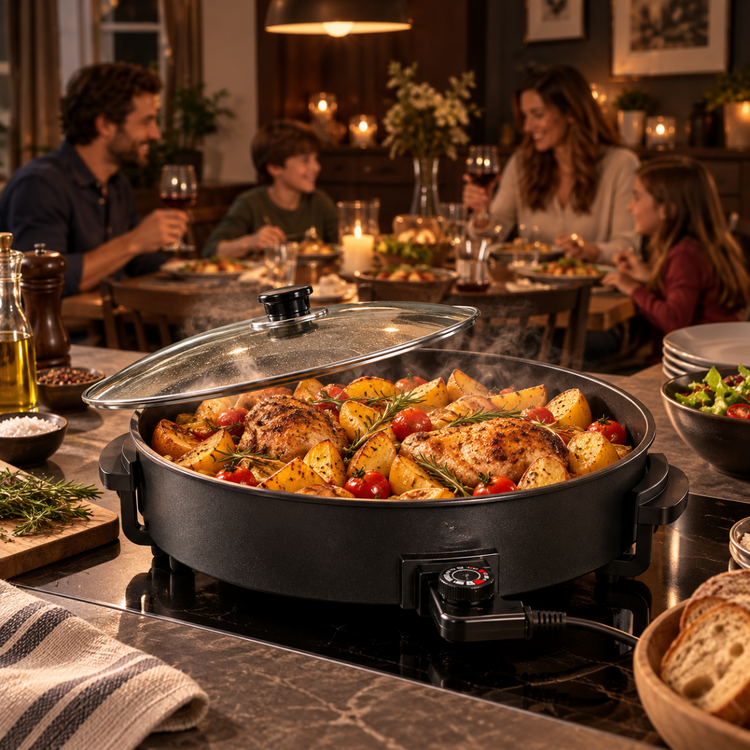 Tegame Elettrico Multifunzione 1500W Ø 40 cm con Coperchio in Vetro, Termostato Regolabile, Padella Antiaderente per Cucinare, Friggere, Arrostire e Stufare