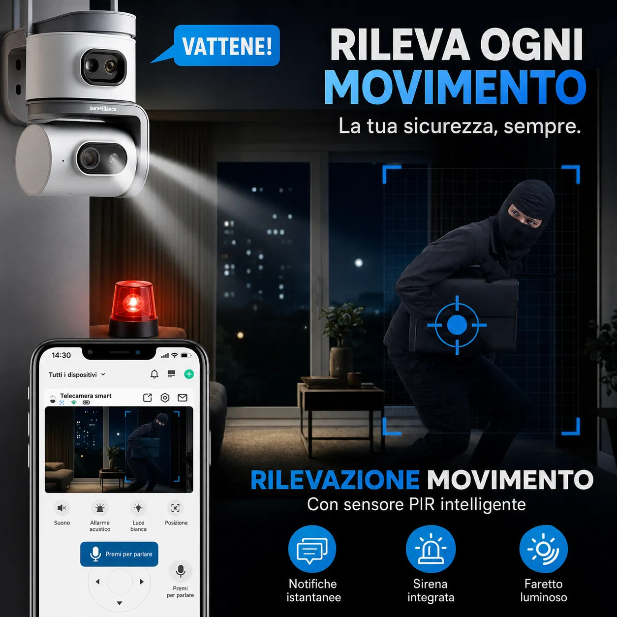 Telecamera WiFi Esterno 6MP Doppia Lente PTZ 355° Auto Tracking AI Visione Notturna a Colori Audio Bidirezionale IP67