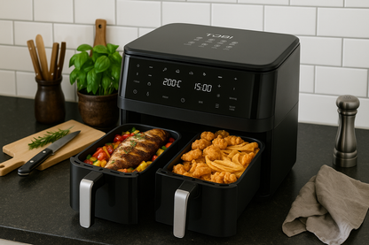 Friggitrice Tobi ad Aria Dual Zone 15L – Doppio Cestello Indipendenti | 2400W, Touch LED, 8 Programmi Black Limited Edition