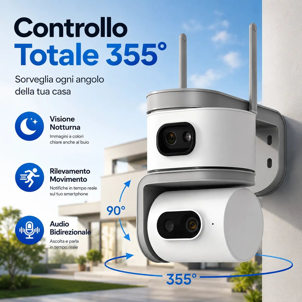 Telecamera WiFi Esterno 6MP Doppia Lente PTZ 355° Auto Tracking AI Visione Notturna a Colori Audio Bidirezionale IP67