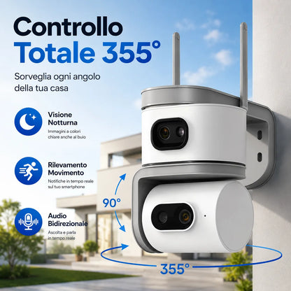 Telecamera WiFi Esterno 6MP Doppia Lente PTZ 355° Auto Tracking AI Visione Notturna a Colori Audio Bidirezionale IP67