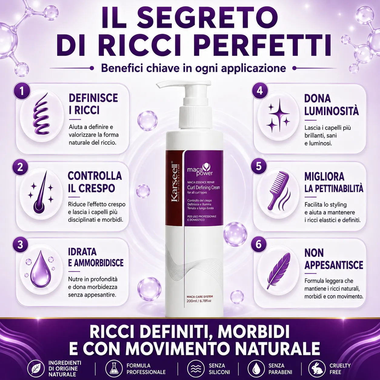 Karseell Maca Power Curling Perfection Defining Cream 200ml – Crema Definizione Ricci Anti Crespo con Maca, Cheratina e Olio di Argan