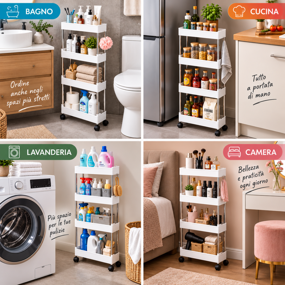 DAFAGI Carrello Portaoggetti Salvaspazio a 4 Ripiani con Ruote – Organizer Stretto Multiuso per Bagno, Cucina e Lavanderia