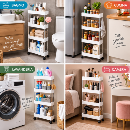 DAFAGI Carrello Portaoggetti Salvaspazio a 4 Ripiani con Ruote – Organizer Stretto Multiuso per Bagno, Cucina e Lavanderia