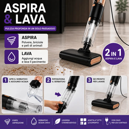 Scopa Elettrica Aspirapolvere con Filo Aspira e Lava 2 in 1 Portatile Mop con Serbatoio Acqua