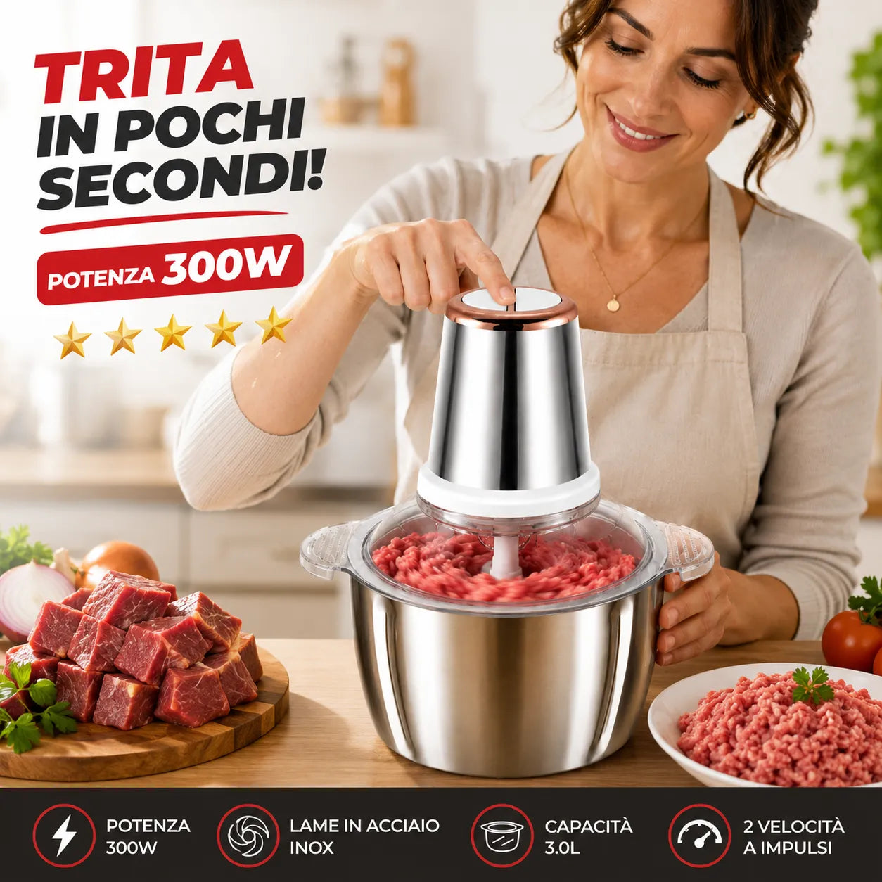 Tritatutto Elettrico Multifunzione 300W 3L in Acciaio Inox – 4 Lame – 2 Velocità – Mixer da Cucina per Carne, Verdure, Frutta Secca e Pesto