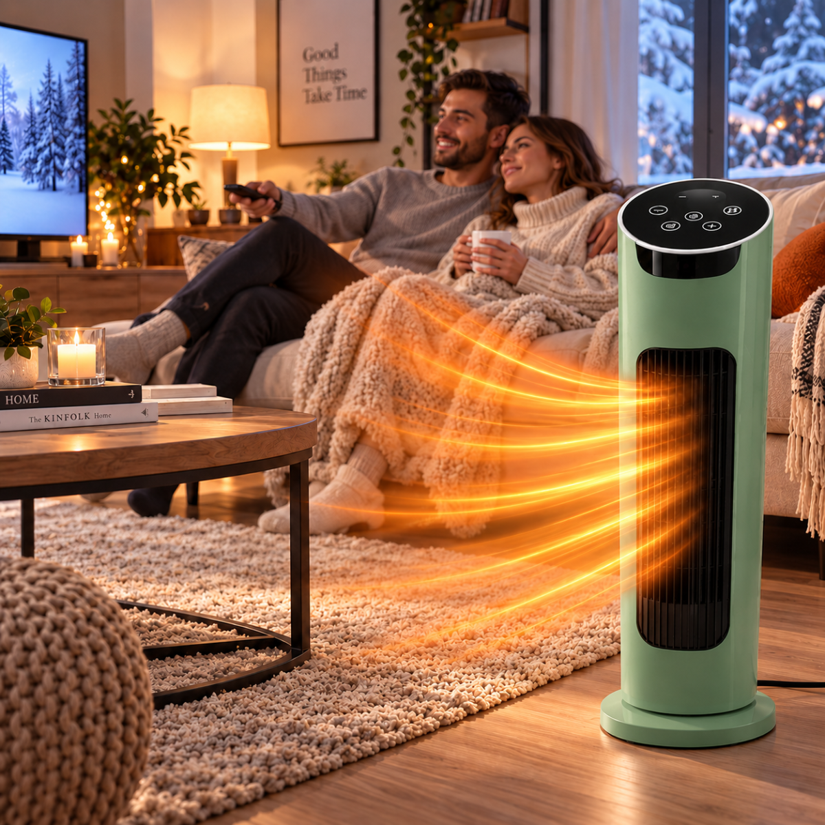 Termoventilatore Ceramico a Torre Rotante con Telecomando –  Stufa Elettrica Verticale PTC con Display Touch e Base