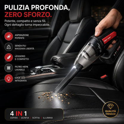 Aspirapolvere portatile auto 4 in 1 compressore gonfiatore soffiatore torcia LED wireless