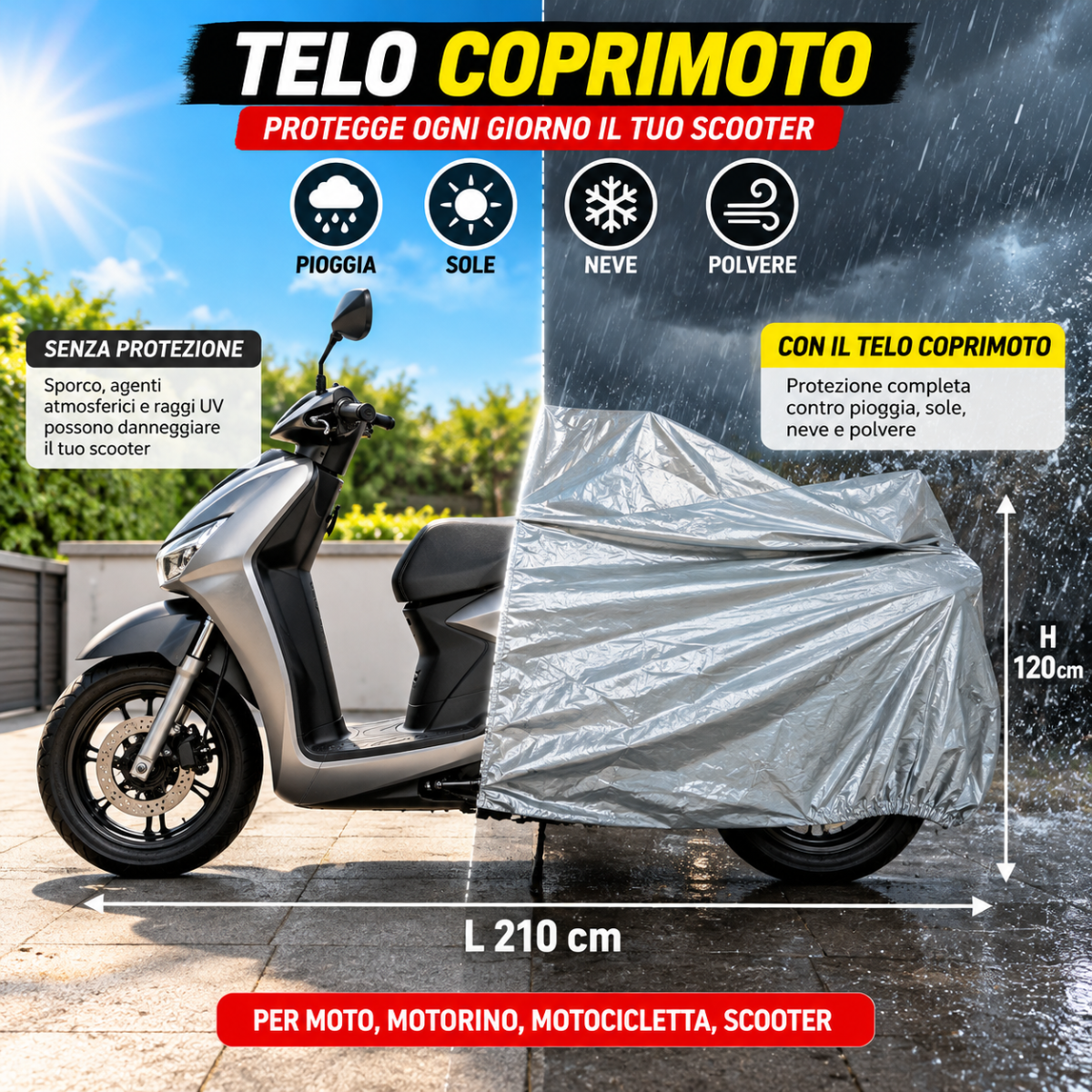 Telo Coprimoto Impermeabile 210x120 cm Copertura Protettiva per Moto e Scooter contro Pioggia, Sole, Neve e Polvere