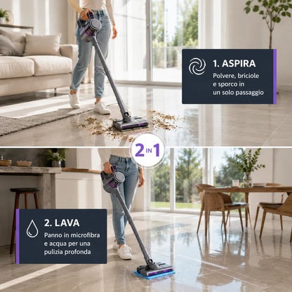 Aspirapolvere Senza Fili 2-in-1 con Funzione Lavaggio/Mop, Portatile e Verticale