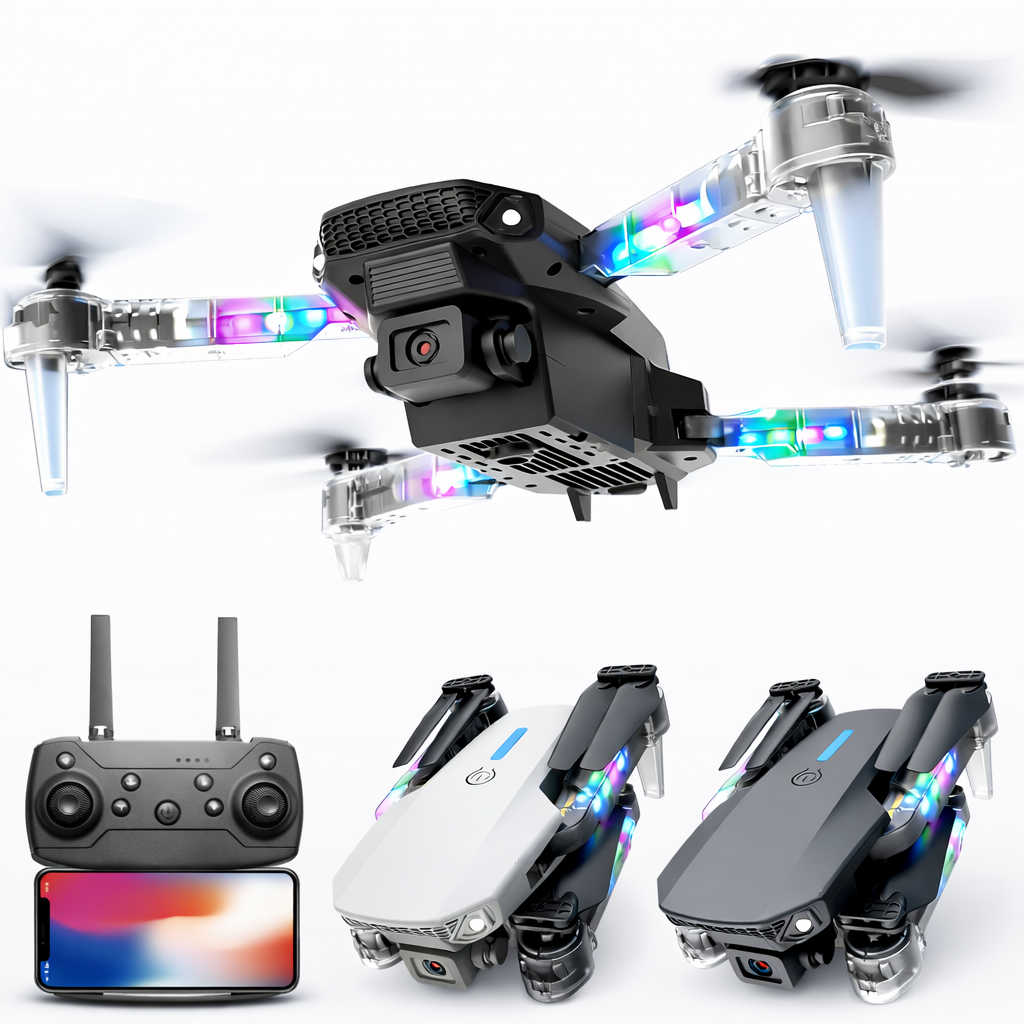 Drone pieghevole E88 D Pro con app e doppia fotocamera HD, luci LED, controllo remoto e mantenimento altezza