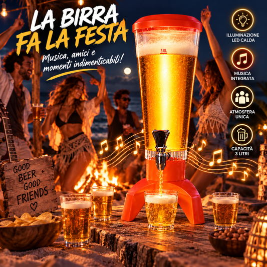Dispenser Birra a Torre 3 Litri con Luci LED e Speaker Integrato – Spillatore Bevande con Rubinetto, Serbatoio Trasparente e Base da Tavolo – Ideale per Feste, Aperitivi, Barbecue e Serate tra Amici