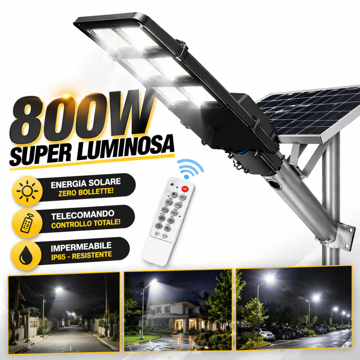 Lampione Solare LED 800W con Telecomando | Faro Esterno IP65 Impermeabile | Pannello Solare + Staffa Inclusa | Luce Automatica Giardino Strada Garage