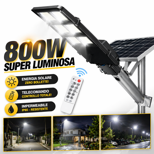Lampione Solare LED 800W con Telecomando | Faro Esterno IP65 Impermeabile | Pannello Solare + Staffa Inclusa | Luce Automatica Giardino Strada Garage