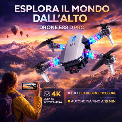 Drone pieghevole E88 D Pro con app e doppia fotocamera HD, luci LED, controllo remoto e mantenimento altezza