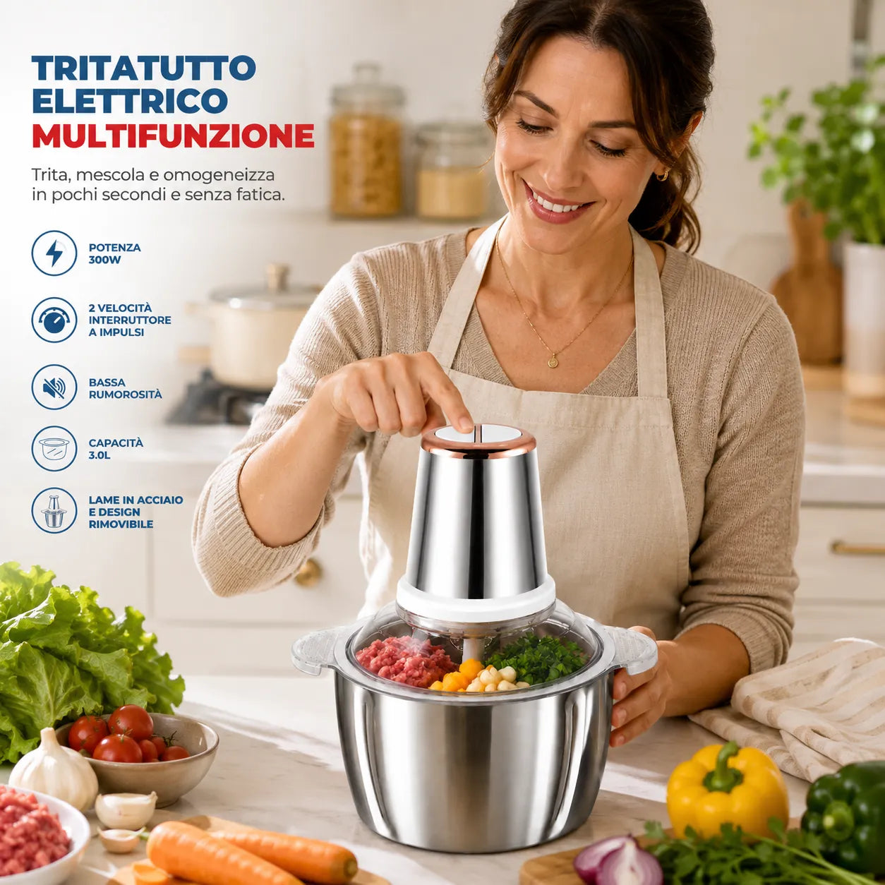 Tritatutto Elettrico Multifunzione 300W 3L in Acciaio Inox – 4 Lame – 2 Velocità – Mixer da Cucina per Carne, Verdure, Frutta Secca e Pesto