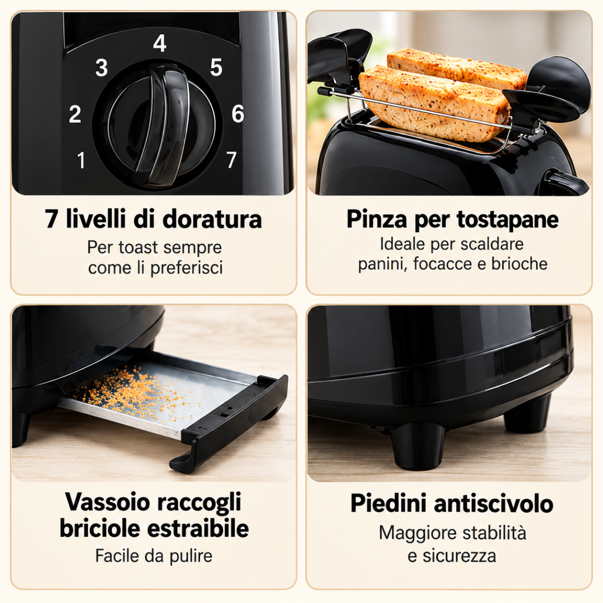 Tostapane Elettrico 700W con 2 Fessure, 7 Livelli di Doratura, Pinze Scaldapanini, Vassoio Raccoglibriciole Estraibile e Piedini Antiscivolo
