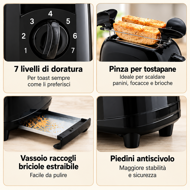 Tostapane Elettrico 700W con 2 Fessure, 7 Livelli di Doratura, Pinze Scaldapanini, Vassoio Raccoglibriciole Estraibile e Piedini Antiscivolo