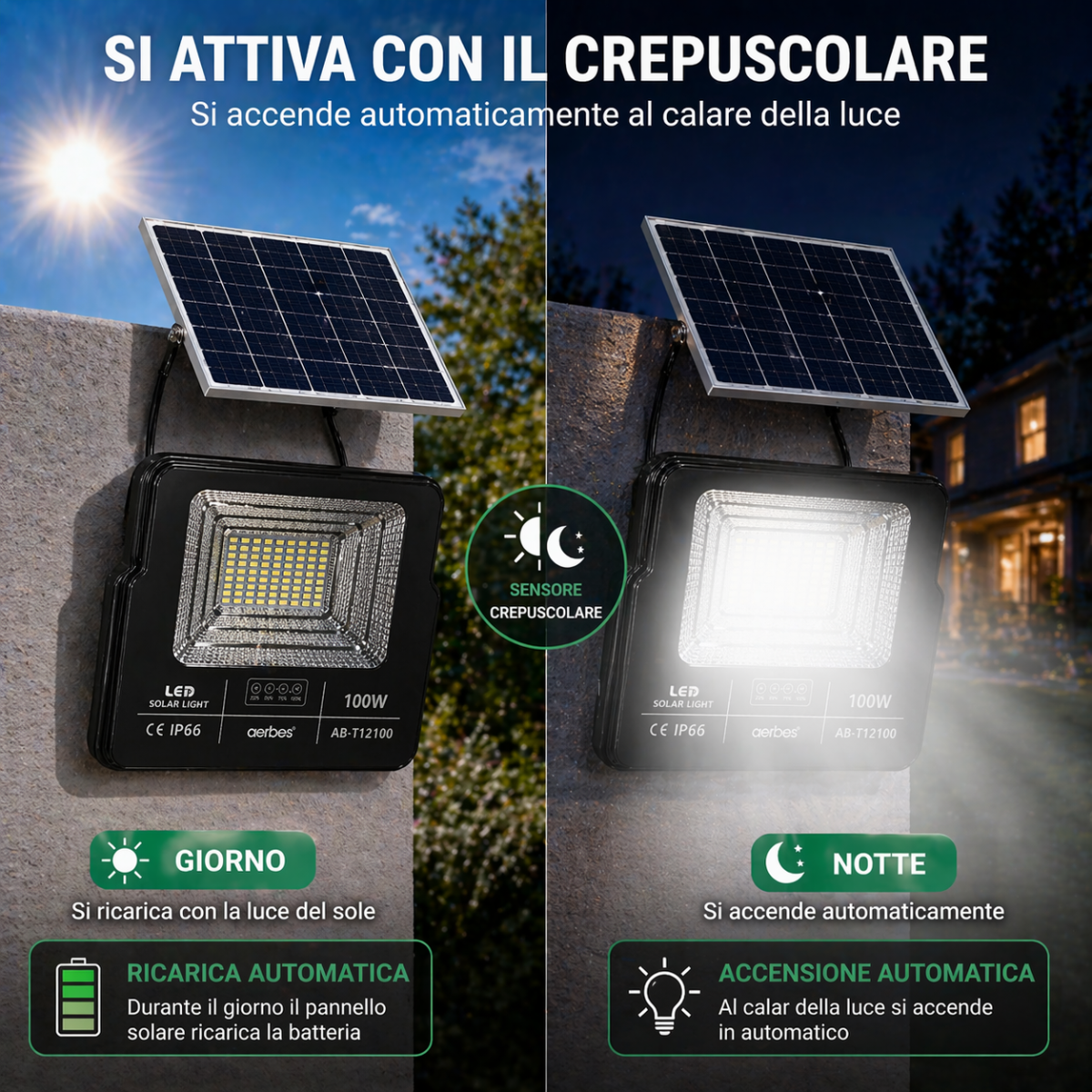 Faro LED Solare 100W con Pannello | IP66 Impermeabile | Telecomando Wireless | Luce Fredda 7500K per Esterni
