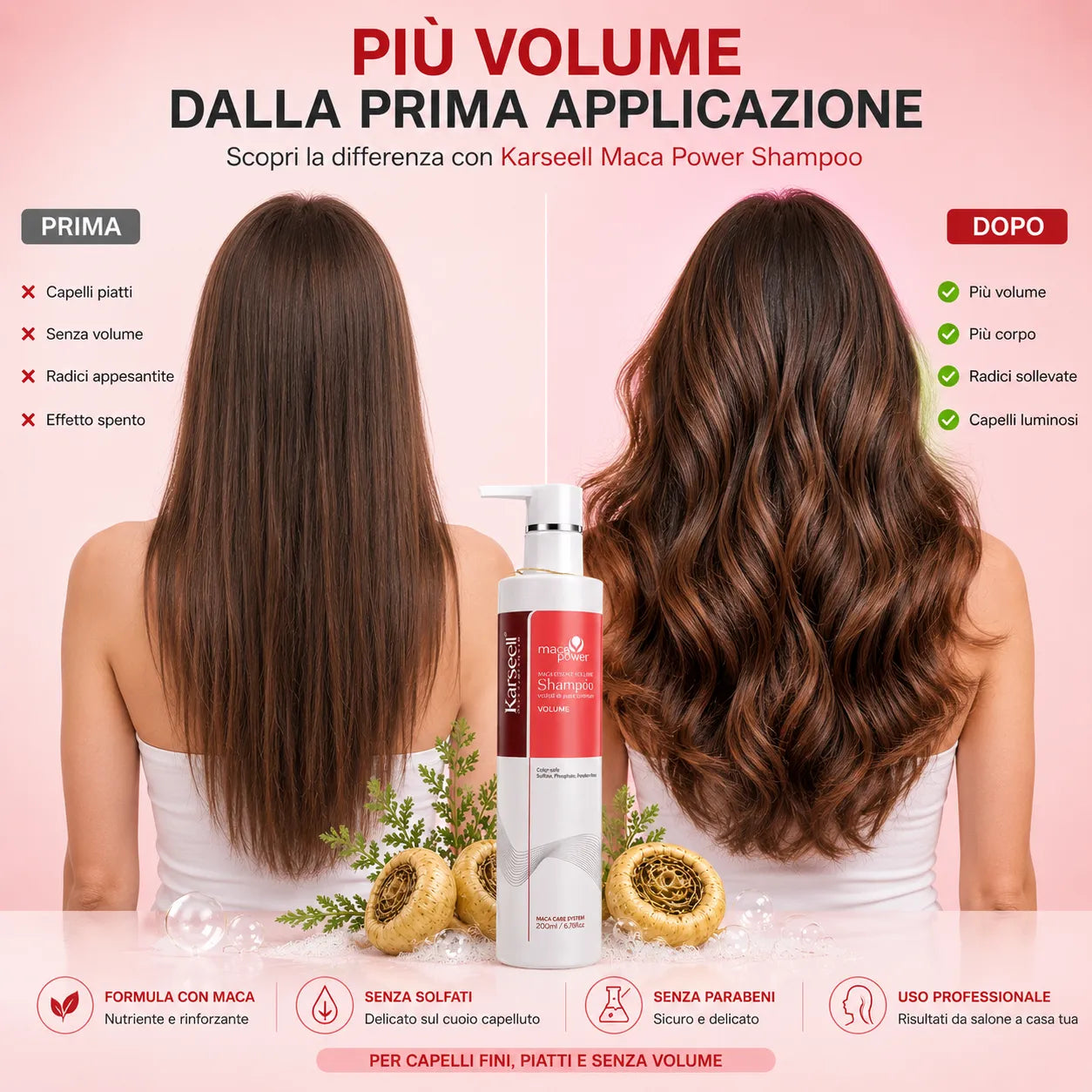 Karseell MACA CARE SYSTEM Shampoo Volumizzante 200 ml con Olio di Argan e Pantenolo – Volume e Corpo per Capelli Fini e Piatti – Detersione Delicata – Capelli Morbidi, Leggeri e Luminosi