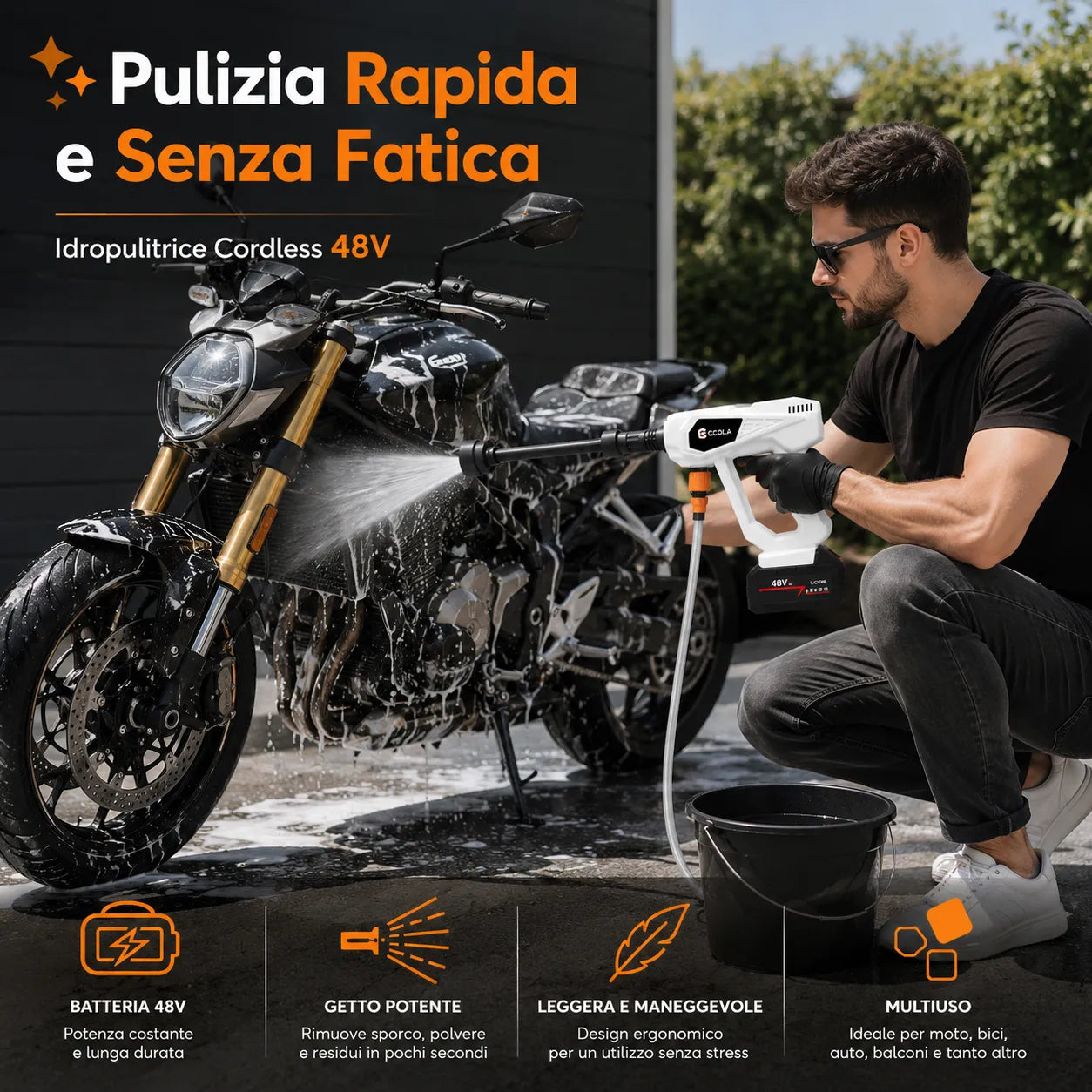 Idropulitrice Cordless 48V con 2 Batterie, Ugello 6 in 1 e Schiumogeno – Pistola ad Alta Pressione Portatile per Auto, Moto, Giardino, Tapparelle e Balconi