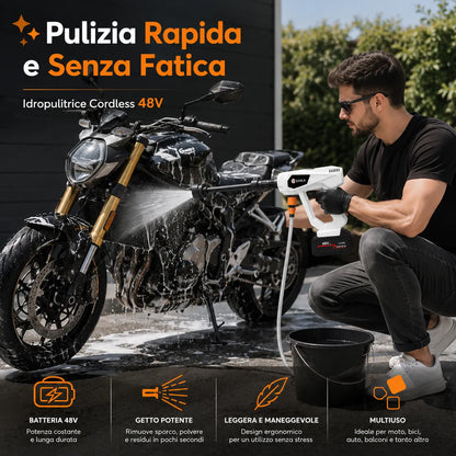 Idropulitrice Cordless 48V con 2 Batterie, Ugello 6 in 1 e Schiumogeno – Pistola ad Alta Pressione Portatile per Auto, Moto, Giardino, Tapparelle e Balconi