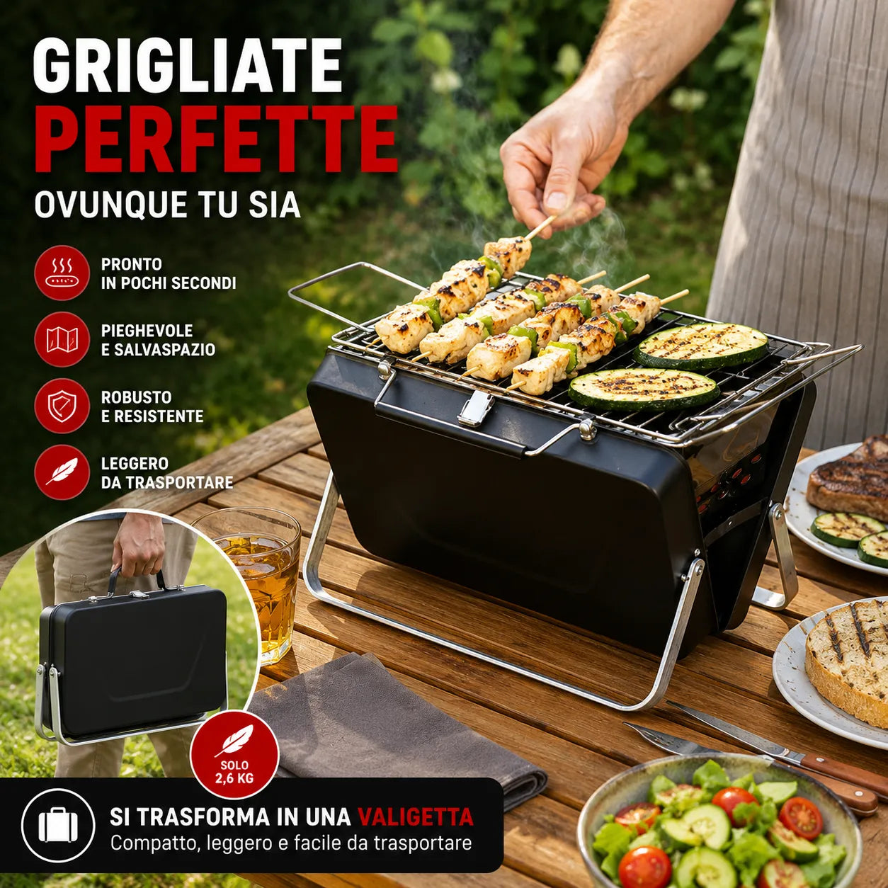 Barbecue Portatile Pieghevole a Valigetta in Acciaio Inox – Mini Griglia Compatta da Campeggio, Picnic, Giardino e Spiaggia con Griglia Ribaltabile e Scomparto Carbone Estensibile