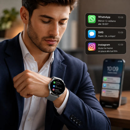 Smartwatch Uomo Bluetooth con Chiamate e Notifiche – Orologio Smart Display Rotondo, Contapassi, Calorie, Monitoraggio Sonno, Modalità Sport e Controllo Fotocamera – iOS Android