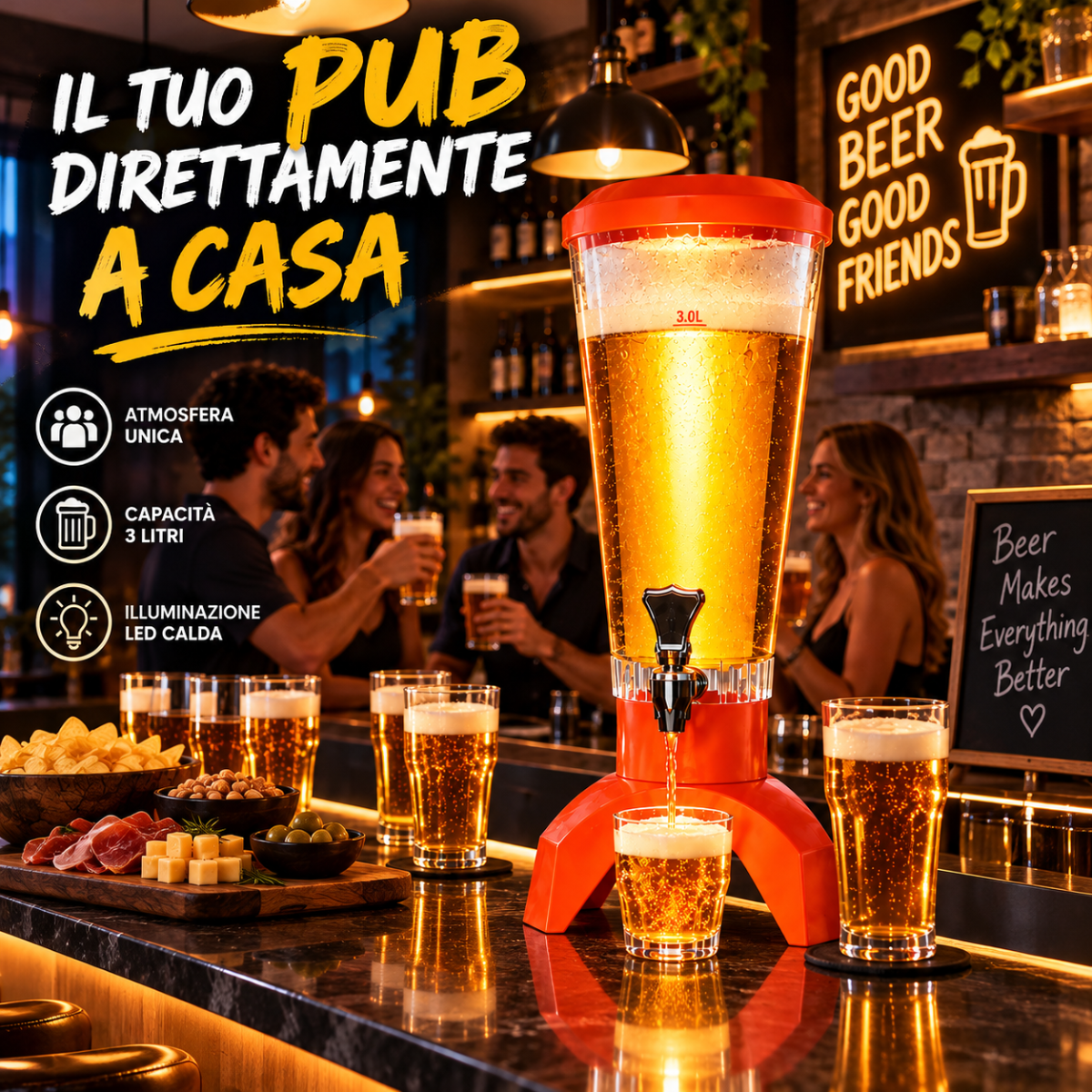 Dispenser Birra a Torre 3 Litri con Luci LED e Speaker Integrato – Spillatore Bevande con Rubinetto, Serbatoio Trasparente e Base da Tavolo – Ideale per Feste, Aperitivi, Barbecue e Serate tra Amici