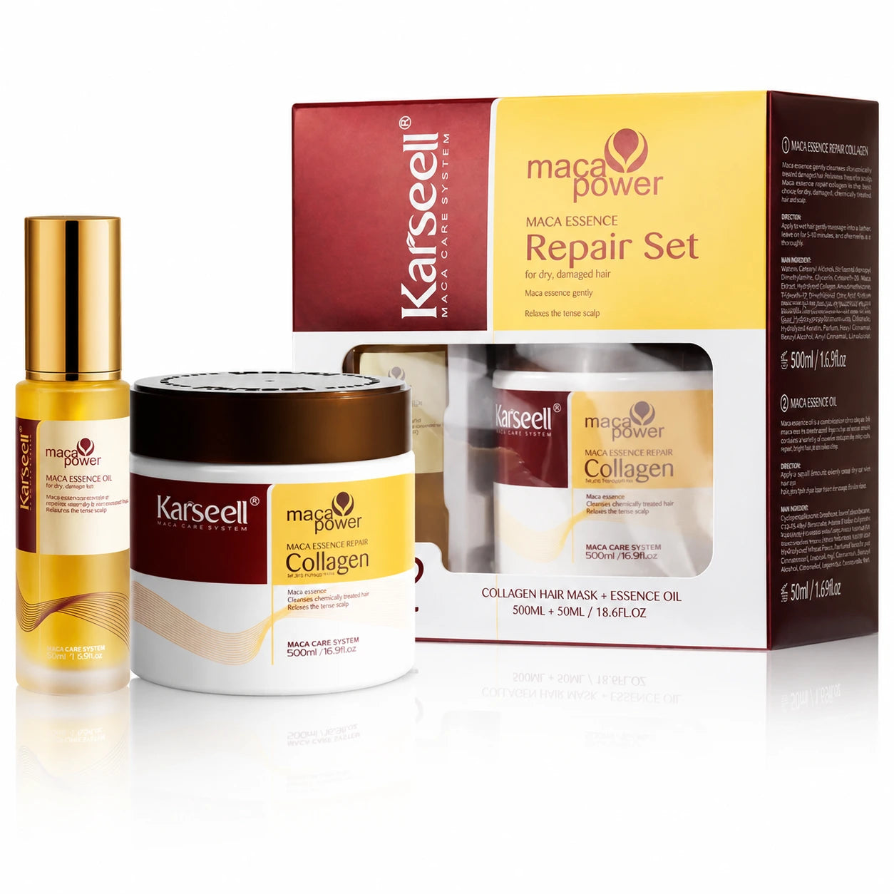 Karseell Maca Care System Set Riparazione Capelli Professionale – Maschera Collagene 500ml + Olio Argan 50ml – Nutriente Idratante Anticrespo Effetto Lucentezza per Capelli Secchi e Danneggiati