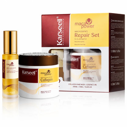 Karseell Maca Care System Set Riparazione Capelli Professionale – Maschera Collagene 500ml + Olio Argan 50ml – Nutriente Idratante Anticrespo Effetto Lucentezza per Capelli Secchi e Danneggiati