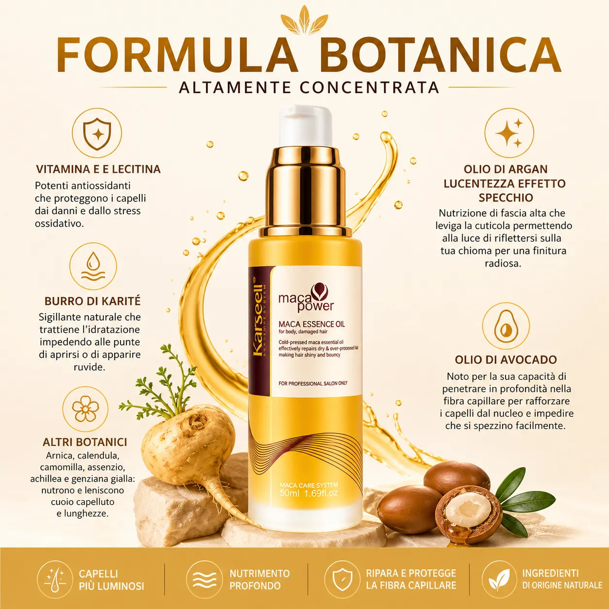 Karseell Maca Care System Siero Capelli 50ml con Olio di Argan – Idratazione Profonda, Riparazione Capelli Danneggiati, Anticrespo, Lucentezza Effetto Specchio, Senza Solfati