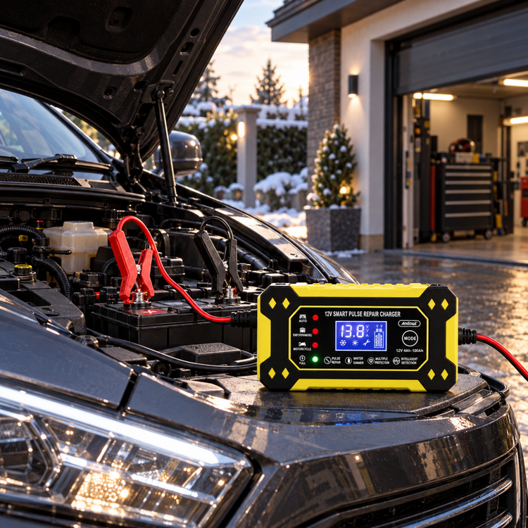 Caricabatterie Intelligente Auto e Moto 12V 6A con Display LCD, Riparazione a Impulsi, Protezione Automatica e Morsetti – Modello Q-DP1520