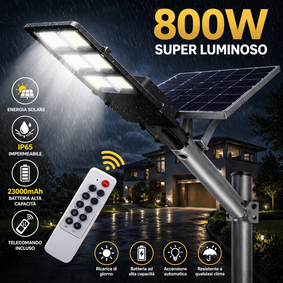 Lampione Solare LED 800W con Telecomando | Faro Esterno IP65 Impermeabile | Pannello Solare + Staffa Inclusa | Luce Automatica Giardino Strada Garage