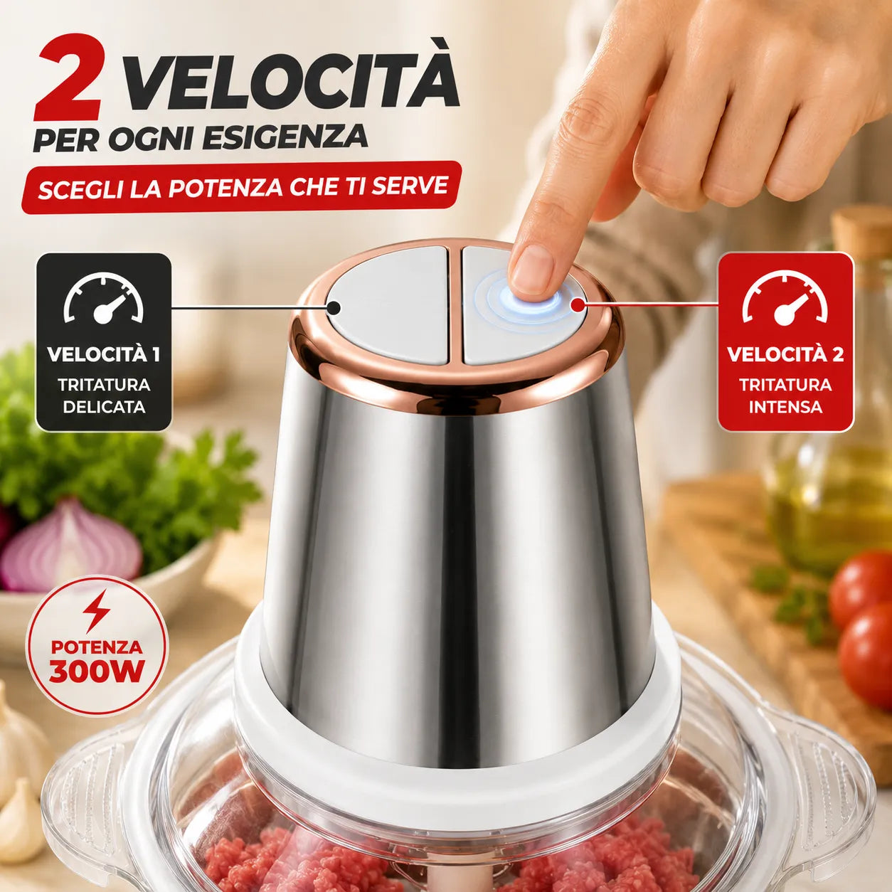 Tritatutto Elettrico Multifunzione 300W 3L in Acciaio Inox – 4 Lame – 2 Velocità – Mixer da Cucina per Carne, Verdure, Frutta Secca e Pesto
