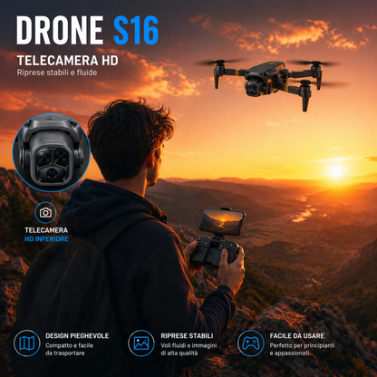 Drone S16 Pieghevole con Telecamera HD – Controllo Smartphone WiFi | Mini Drone 4K 1080p con Modalità Headless
