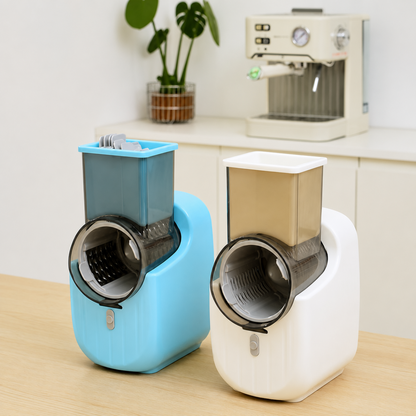 Grattugia Elettrica Multifunzione 3 in 1 50W con 3 Lame in Acciaio Inox – Affettatrice, Julienne e Grattugia per Formaggio, Verdure, Frutta e Cioccolato – Batteria 4500 mAh