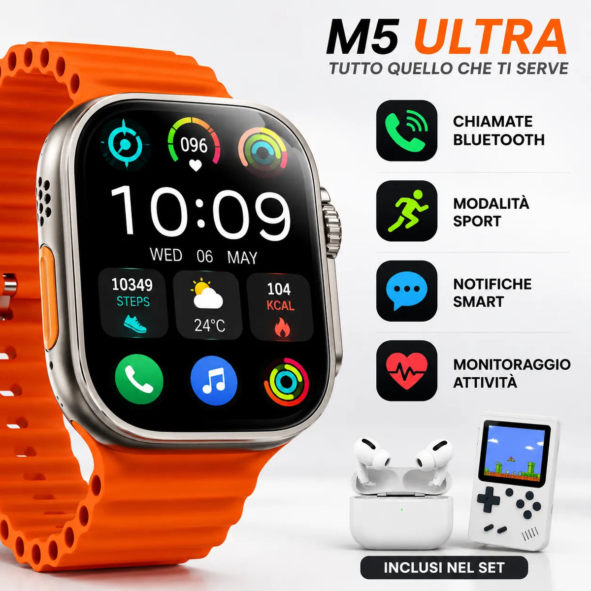 Kit 3 in 1 Smartwatch M5 Ultra + Auricolari Wireless TWS + Mini Console di Gioco Portatile