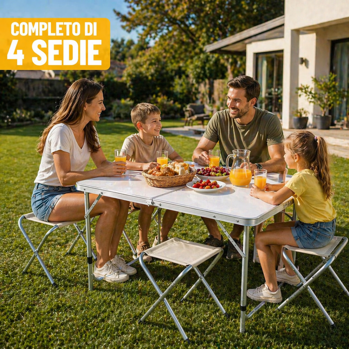 Tavolo Pieghevole con 4 Sedie – Set Campeggio Portatile Salvaspazio | Tavolino Richiudibile a Valigetta per Picnic, Giardino e Viaggi