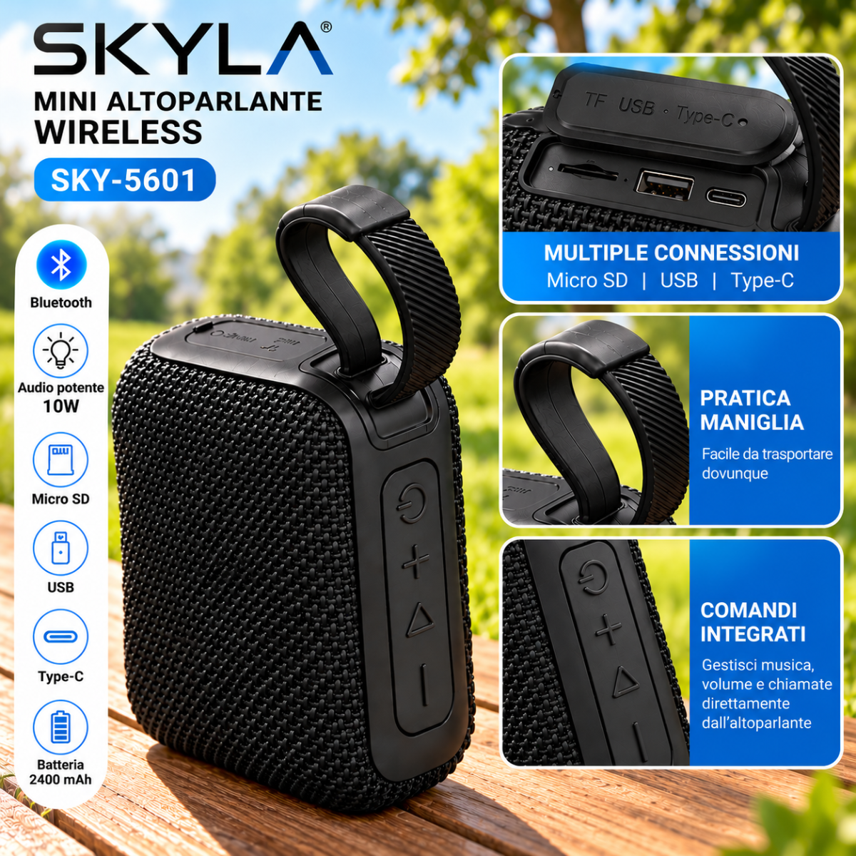 Mini Altoparlante Bluetooth SKYLA SKY-5601 10W 2400mAh Speaker Portatile con Maniglia, USB, TF e Type-C