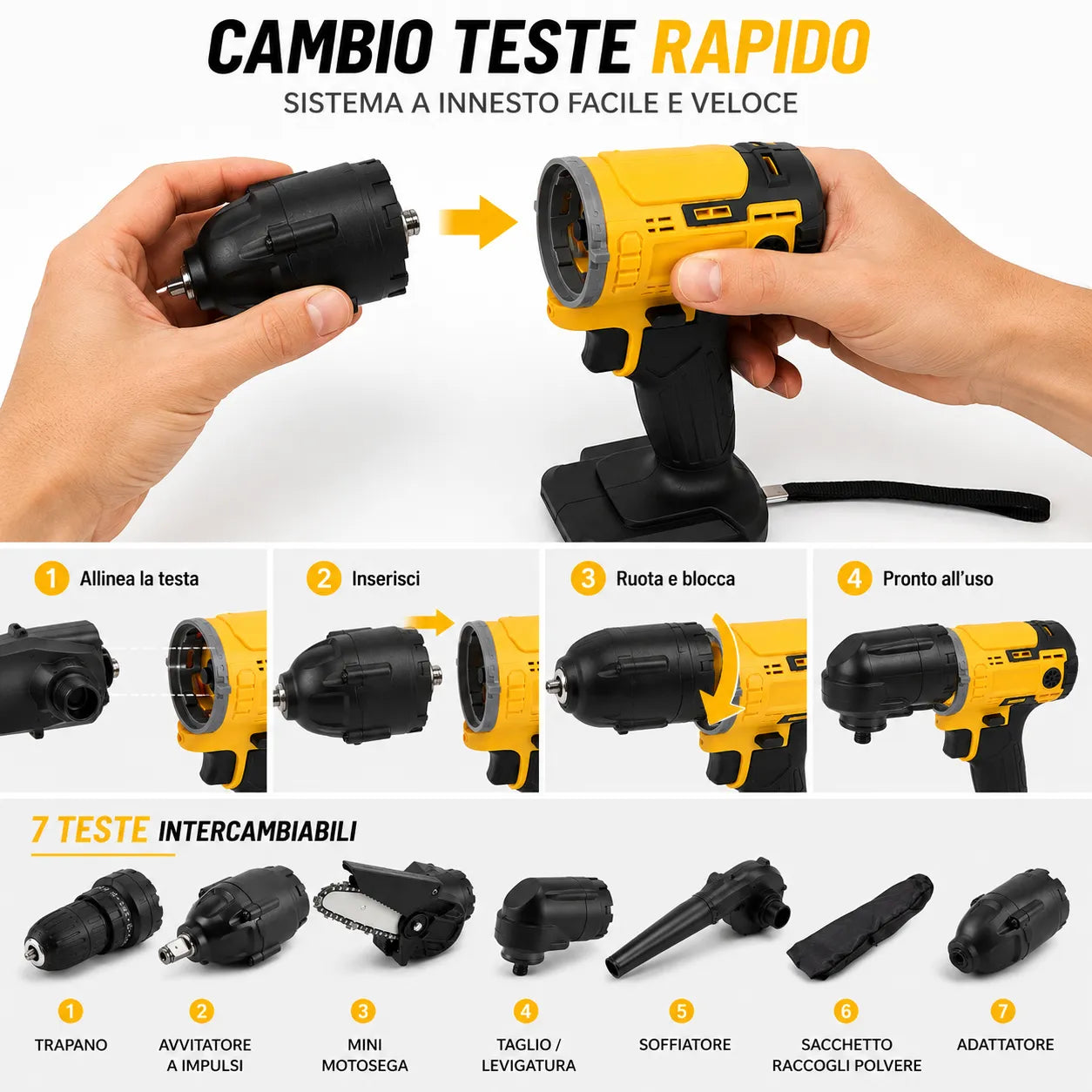 Kit Multifunzione a Batteria 5 in 1 con Valigetta – Trapano, Avvitatore ad Impulsi, Mini Motosega, Soffiatore e Cavo Flessibile