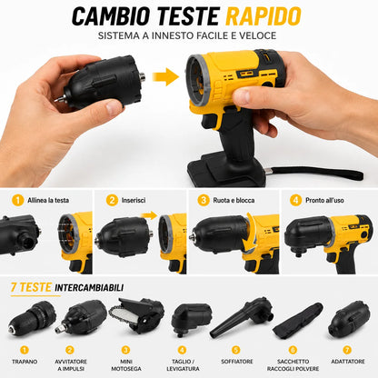 Kit Multifunzione a Batteria 5 in 1 con Valigetta – Trapano, Avvitatore ad Impulsi, Mini Motosega, Soffiatore e Cavo Flessibile