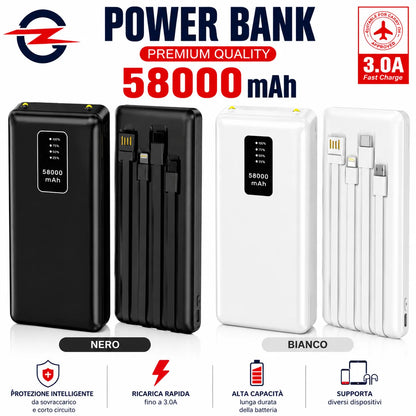 Power Bank 58000 mAh con Cavi Integrati, Display LED e Ricarica Rapida 3.0A – Batteria Esterna Portatile USB-C, Lightning e Micro USB